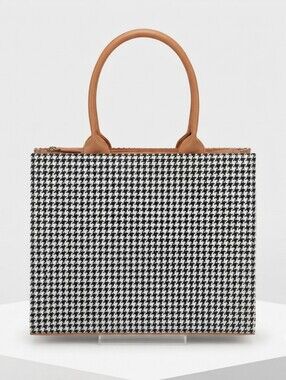 Houndstooth Tote Bag with Tan Handles